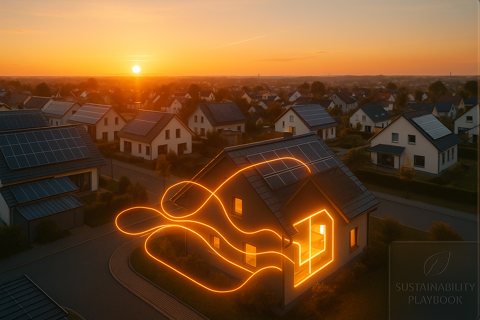 Sunrise over German suburb with solar rooftops; glowing energy lines flowing into a home silhouette, clean cinematic style