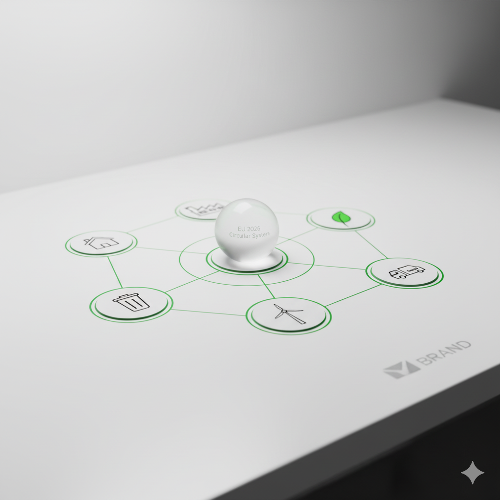 Five interlocking translucent rings labelled Design, Reuse, Repair, Recycle, Regenerate.