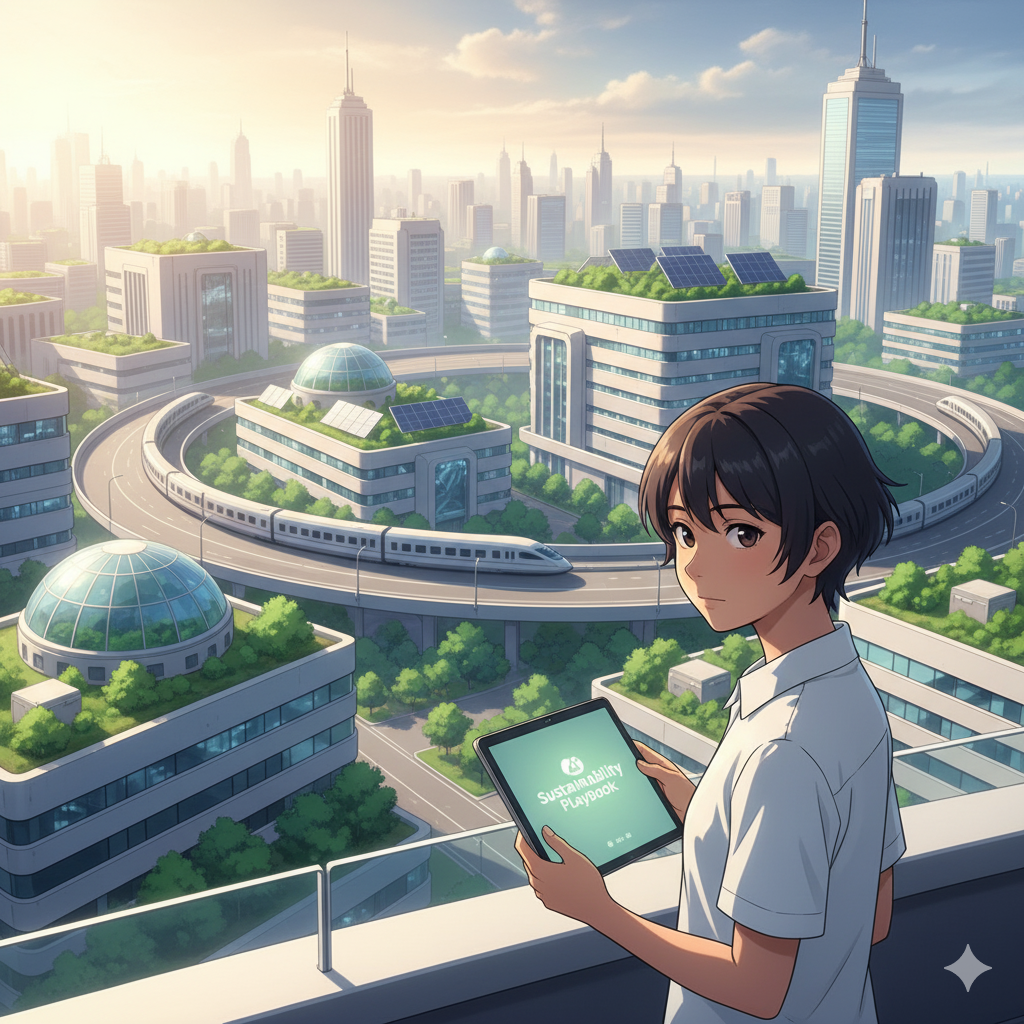 Bright cityscape with circular-shaped infrastructure and green roofs suggesting a regenerative future.