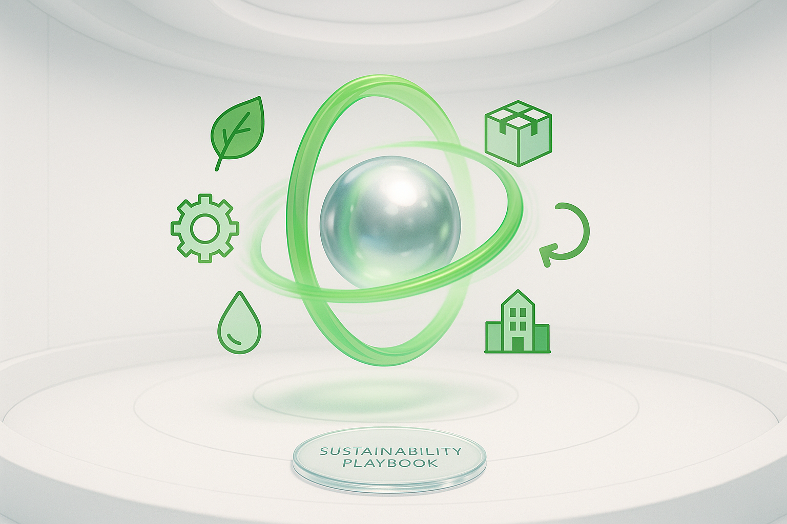 Translucent green circular loop around a metallic sphere symbolizing continuous flow and regeneration.