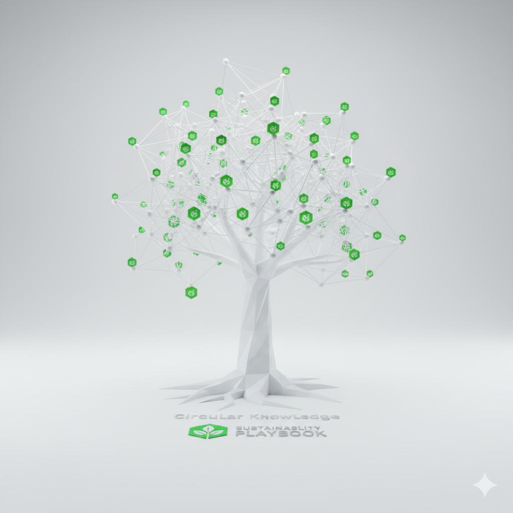 Stylized geometric knowledge tree with green leaves representing shared learning.