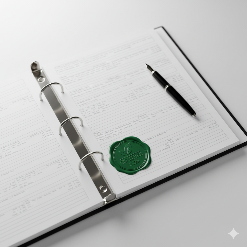 Open binder and embossed seal symbolizing documentation and transparency.