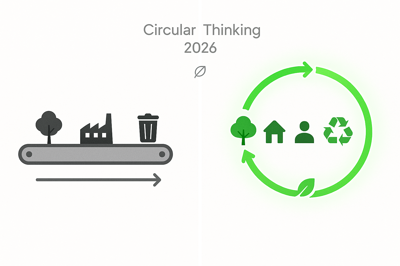Split illustration contrasting a straight take–make–waste line with a circular loop showing continuous use and recovery.