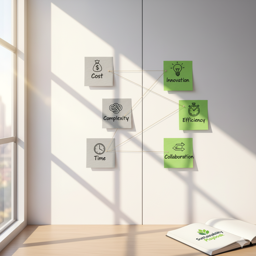 Grey myth notes connected to green solution notes on a wall.