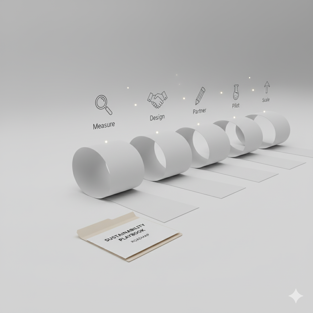 Curved white ribbon with icons representing measure, design, partner, pilot, and scale.