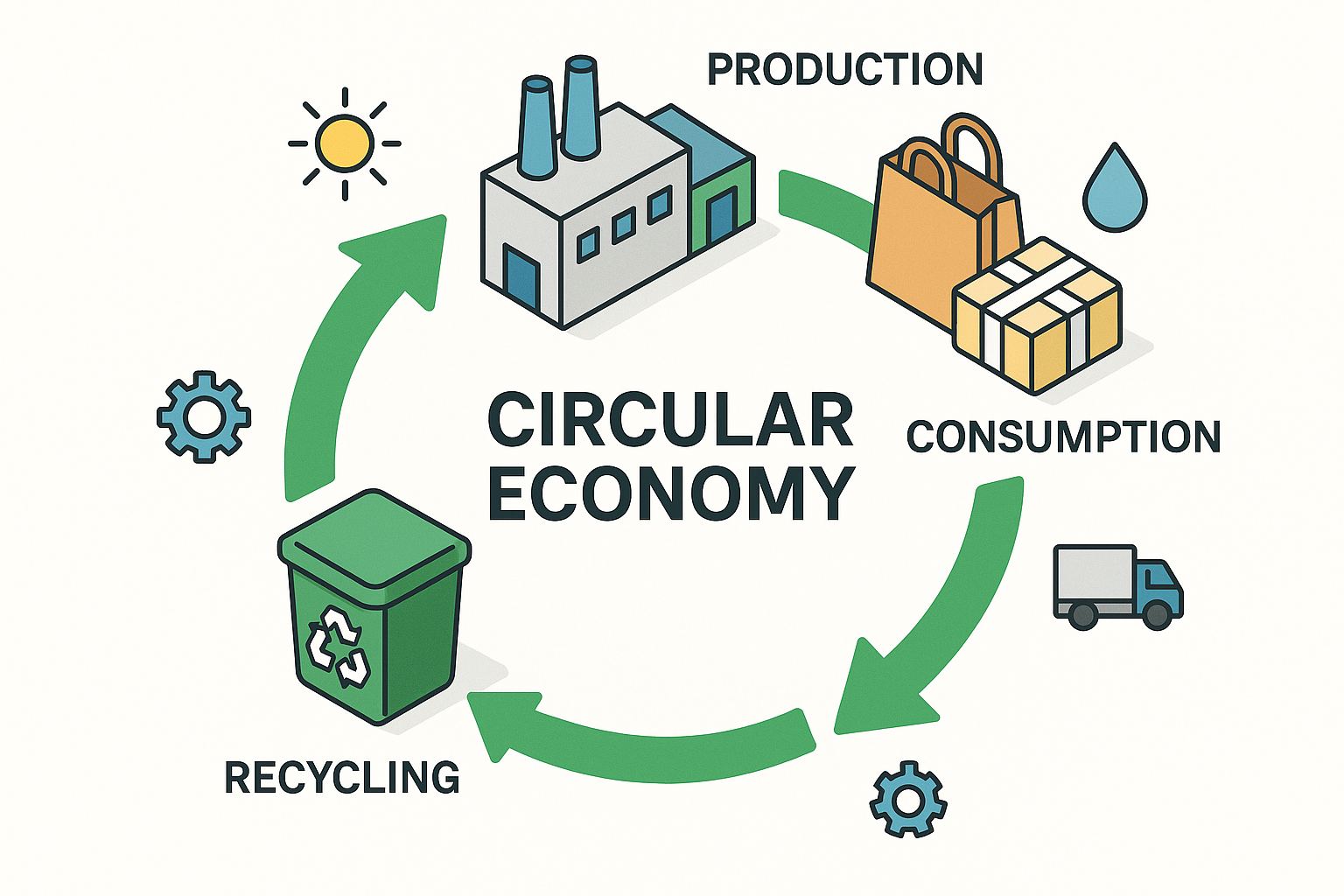 Circular economy diagram showing sustainable resource management from production to recycling and regeneration