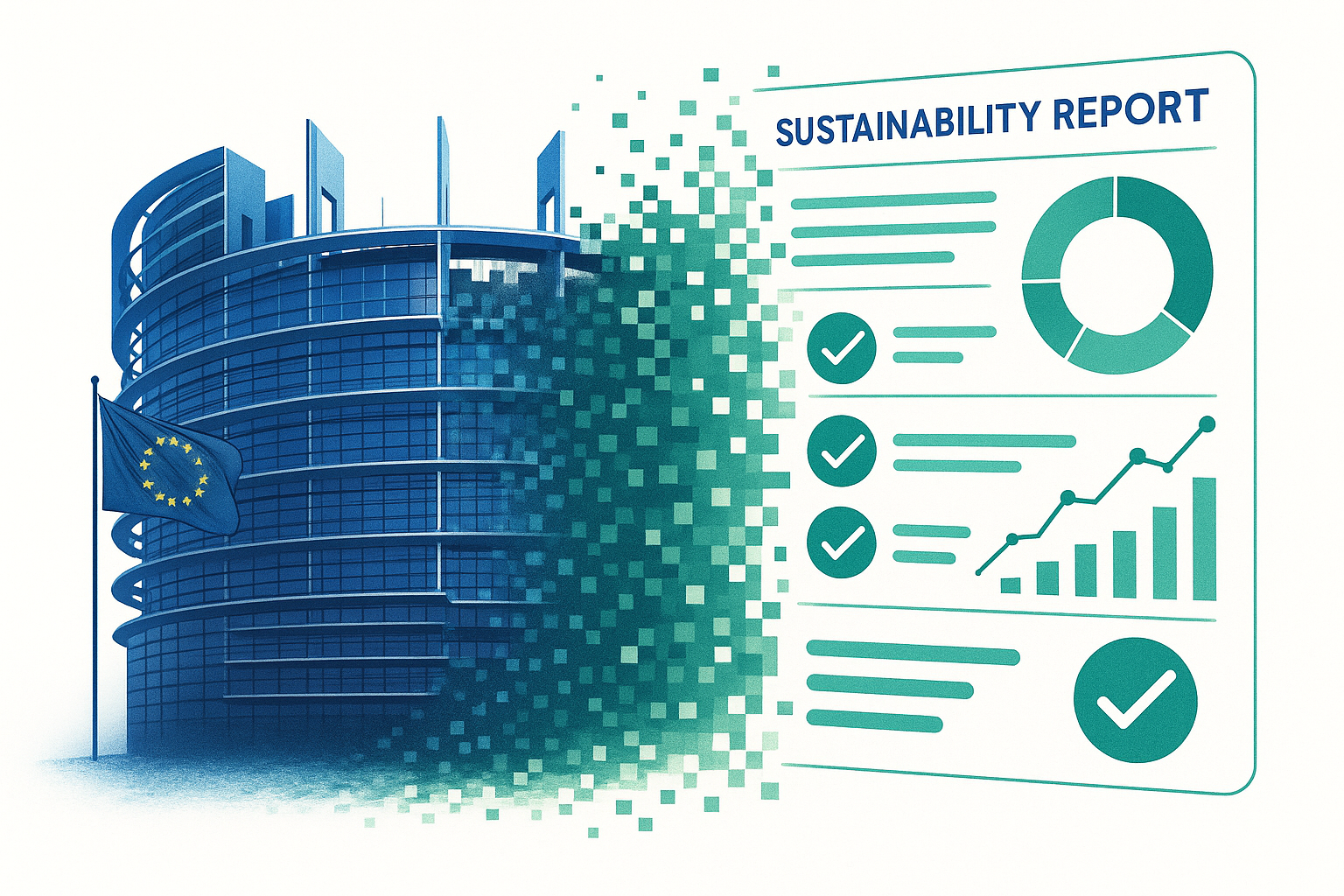 Editorial illustration of CSRD enforcing sustainability transparency across European companies