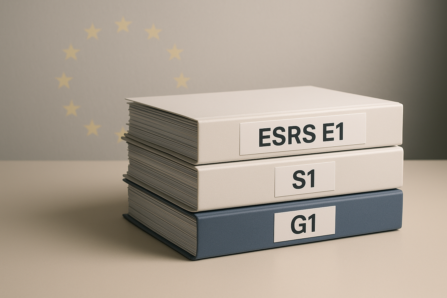 Stack of ESRS-standard documents symbolizing structured sustainability reporting under CSRD