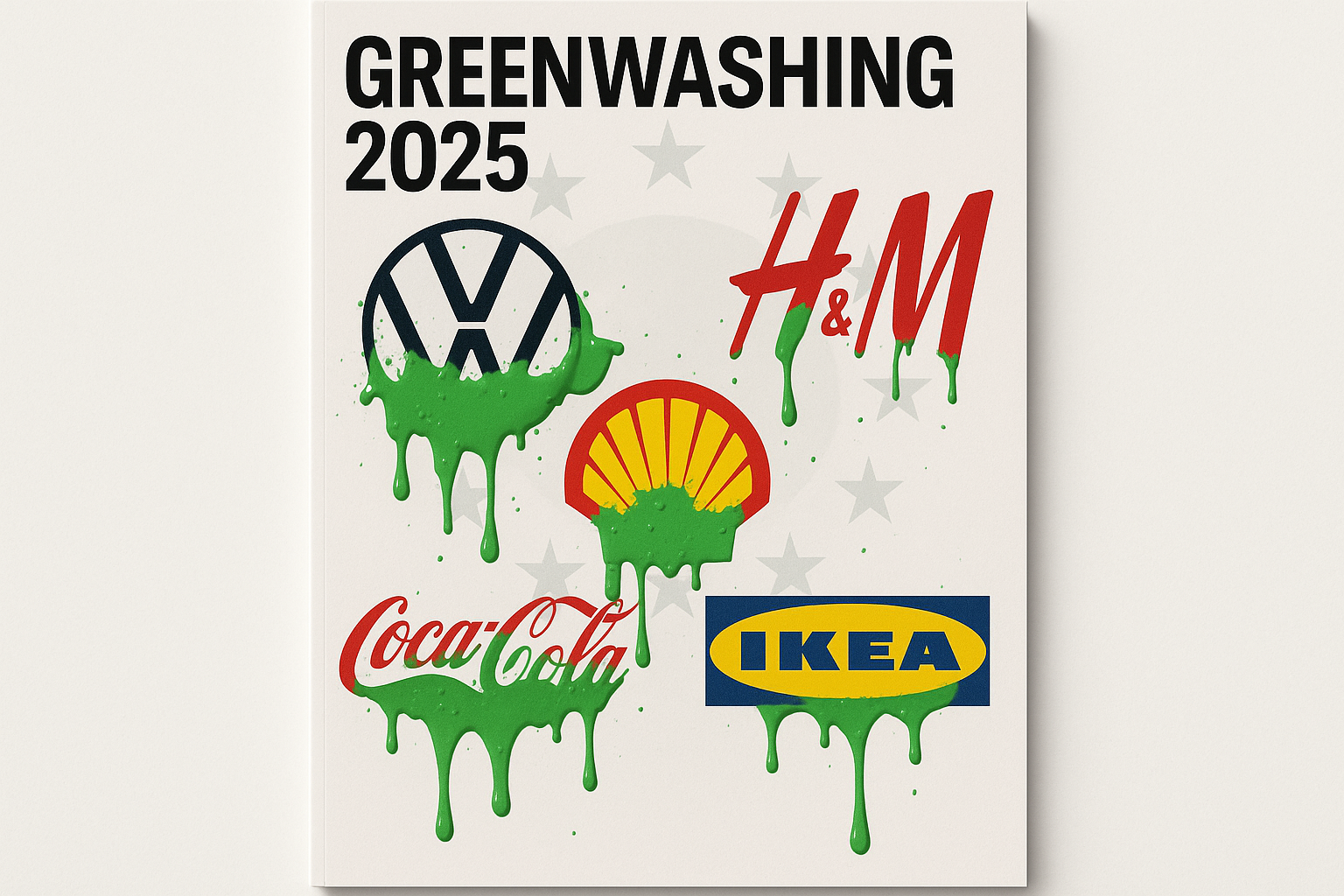 Editorial collage of European brands accused of greenwashing in 2025