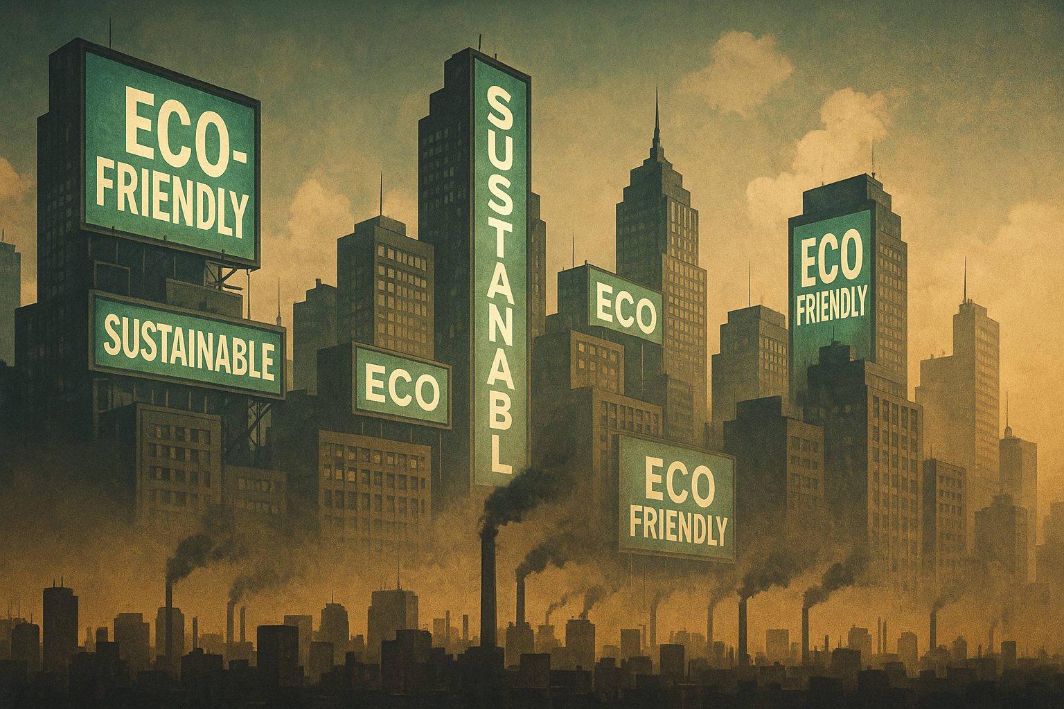 Visual metaphor of greenwashing — eco-friendly claims hiding pollution beneath