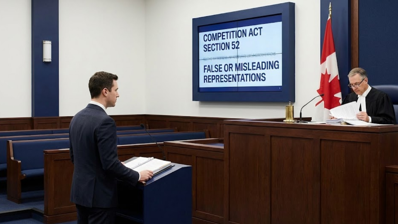 sustainabilityplaybook branded symbolic courtroom image with gavel, maple leaf, and legal document for Canadian Competition Act