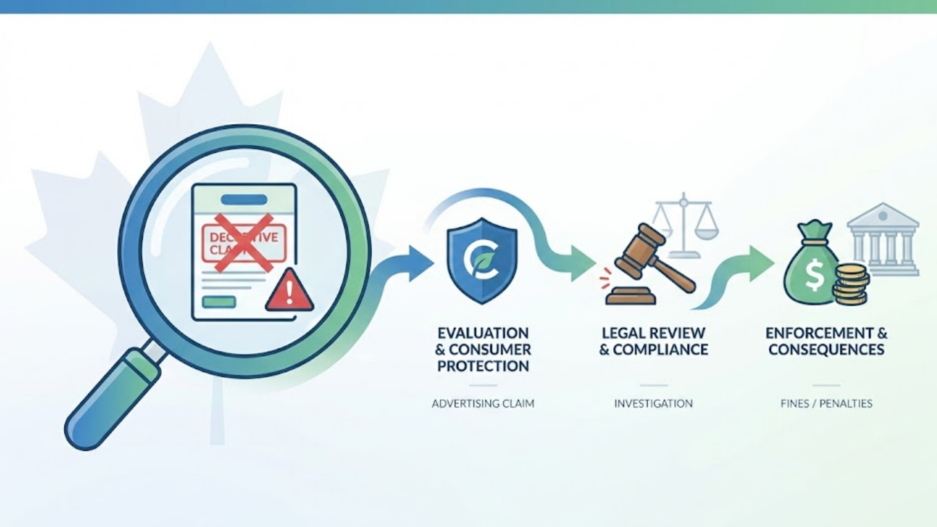 sustainabilityplaybook branded infographic showing evaluation of false or misleading representations under Canadian Competition Act with icons for consumer protection, legal enforcement, and penalties