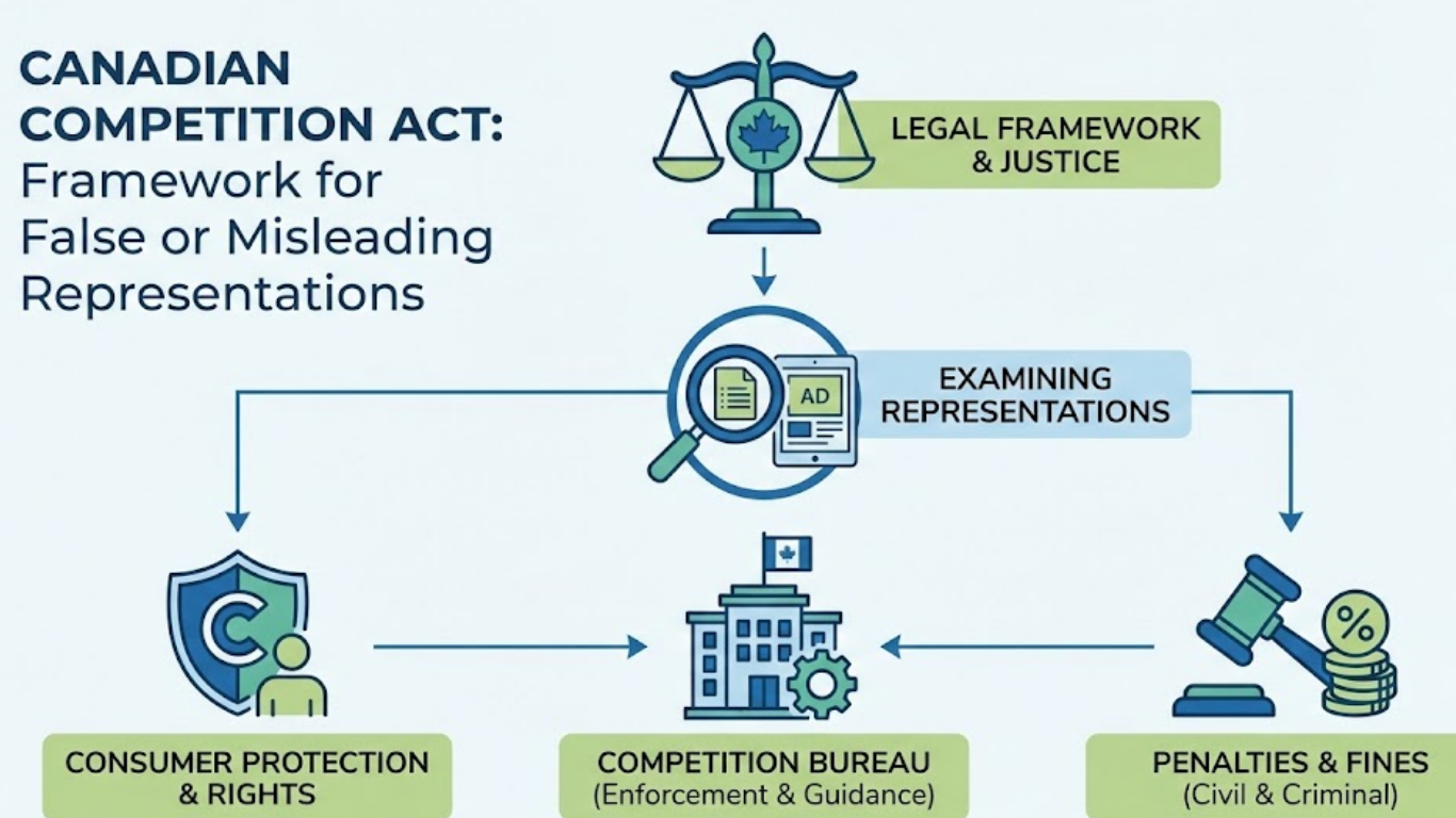 sustainabilityplaybook branded infographic illustrating Canadian Competition Act provisions on false or misleading representation with symbols of justice and consumer protection