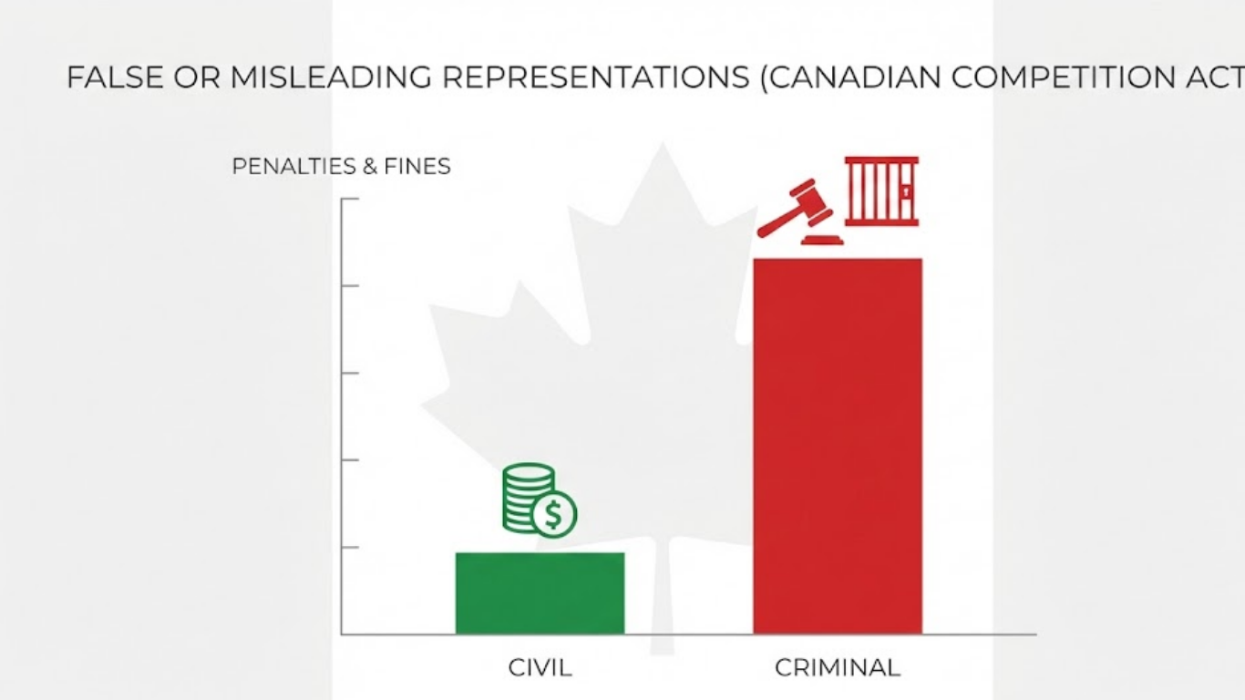 sustainabilityplaybook branded minimalist bar chart comparing civil vs criminal penalties under Canadian Competition Act false advertising rules