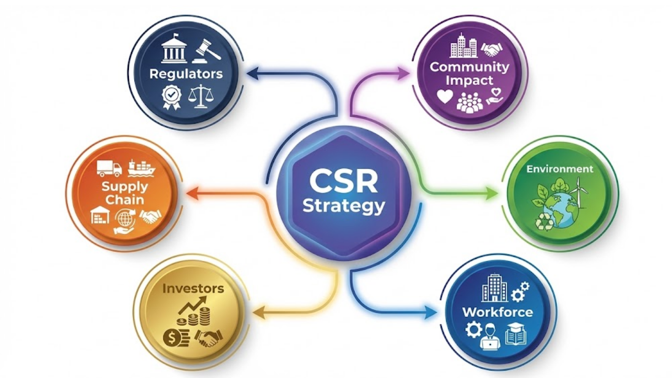 CSR stakeholder engagement ecosystem showing interconnected business community and partnership networks