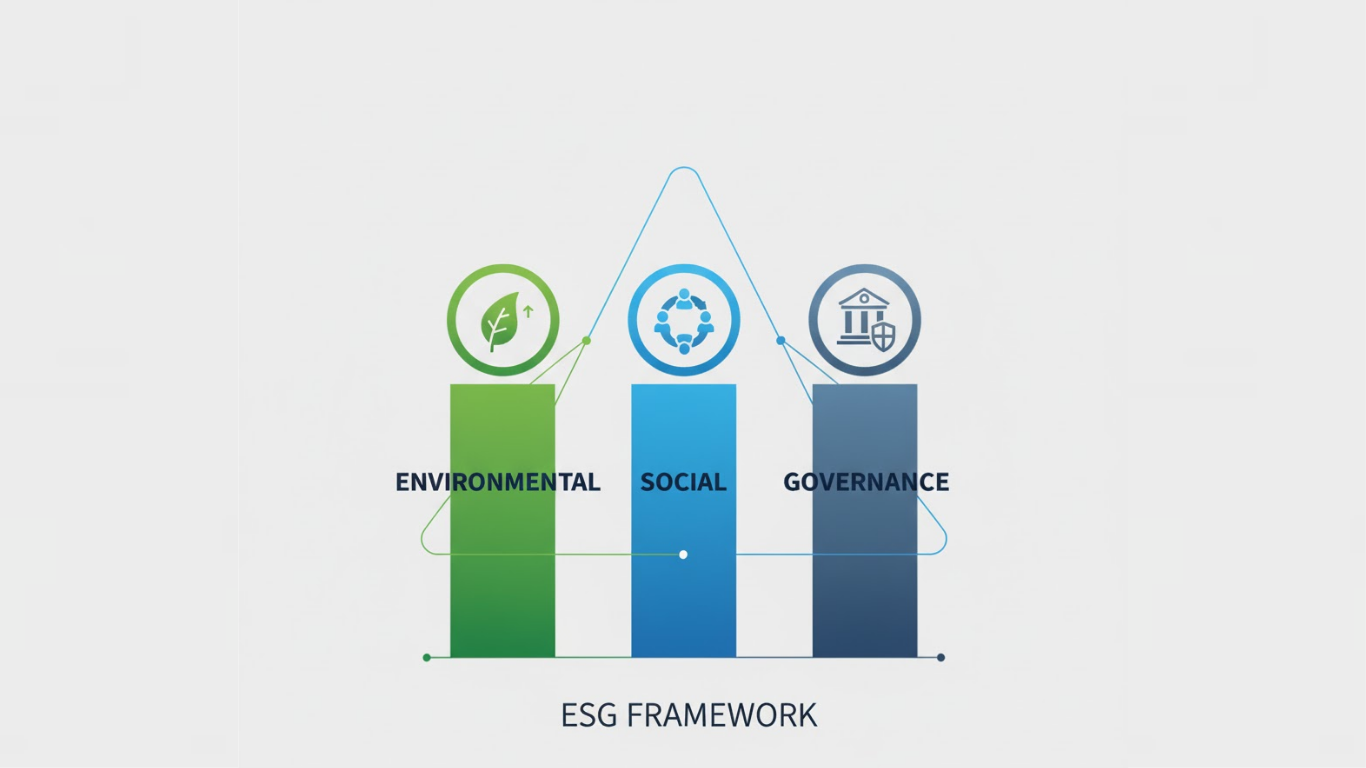 ESG framework showing three interconnected pillars: Environmental, Social, and Governance components