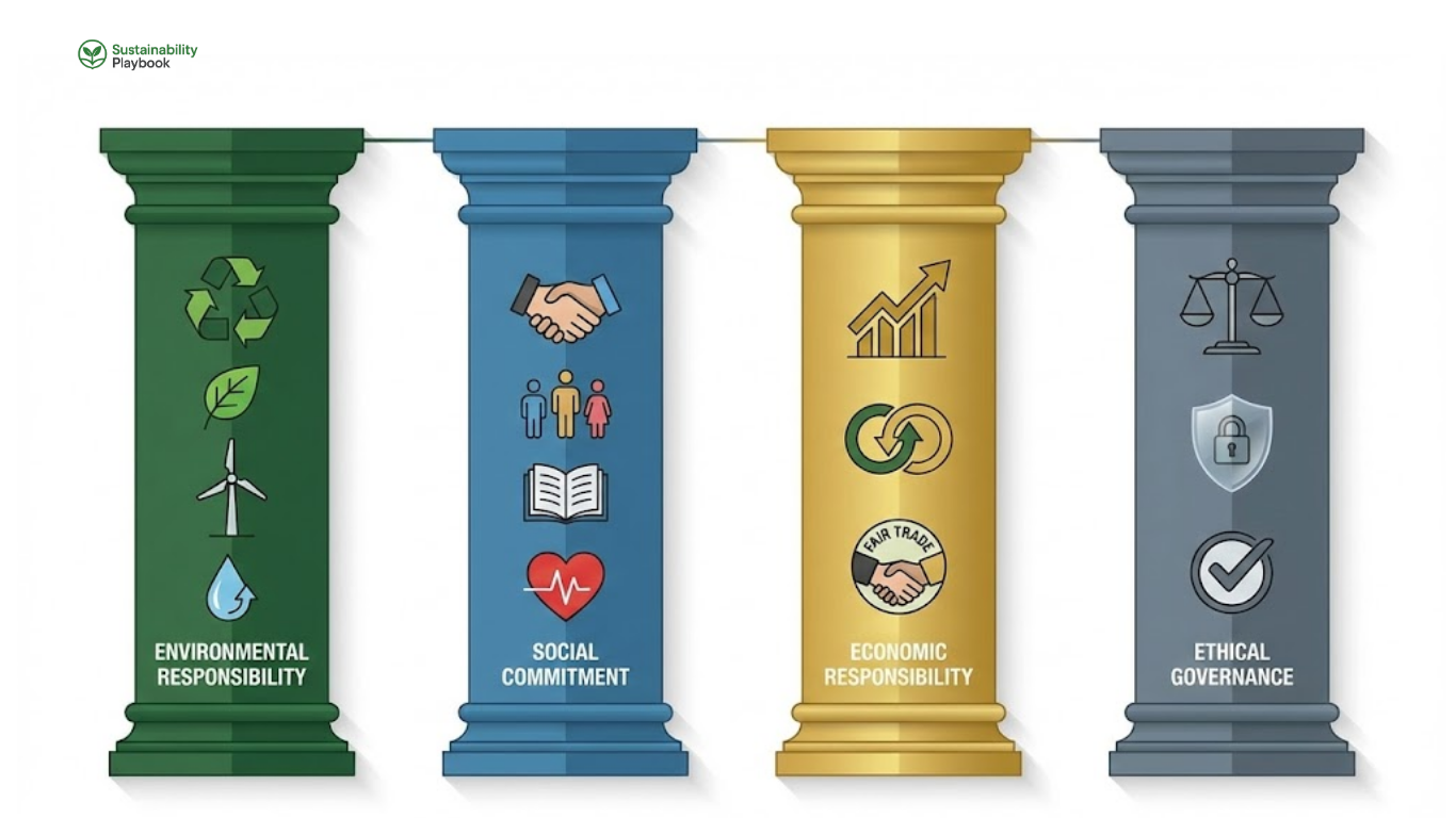 Four pillars of CSR framework showing environmental social economic and governance dimensions