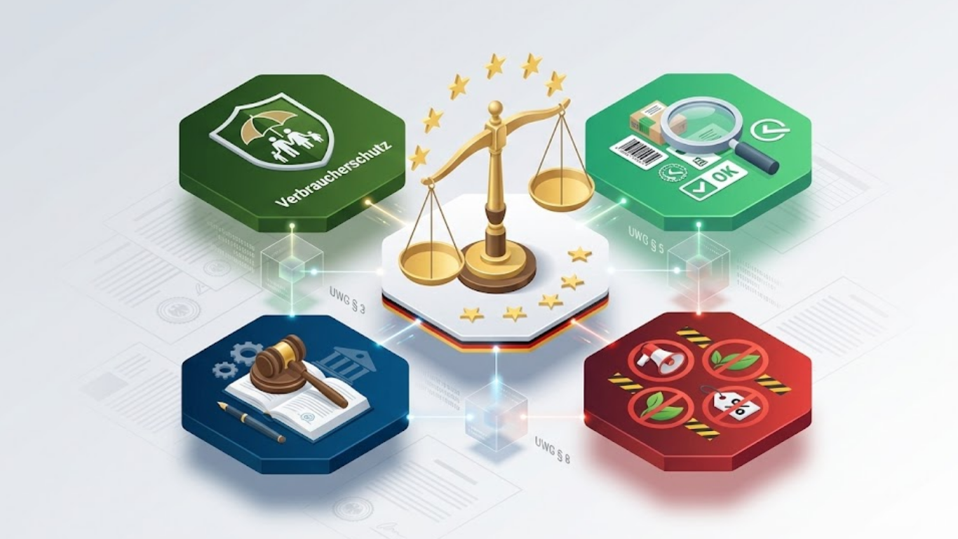 German UWG Act against Unfair Competition law framework showing consumer protection balance scales legal enforcement and greenwashing prevention mechanisms