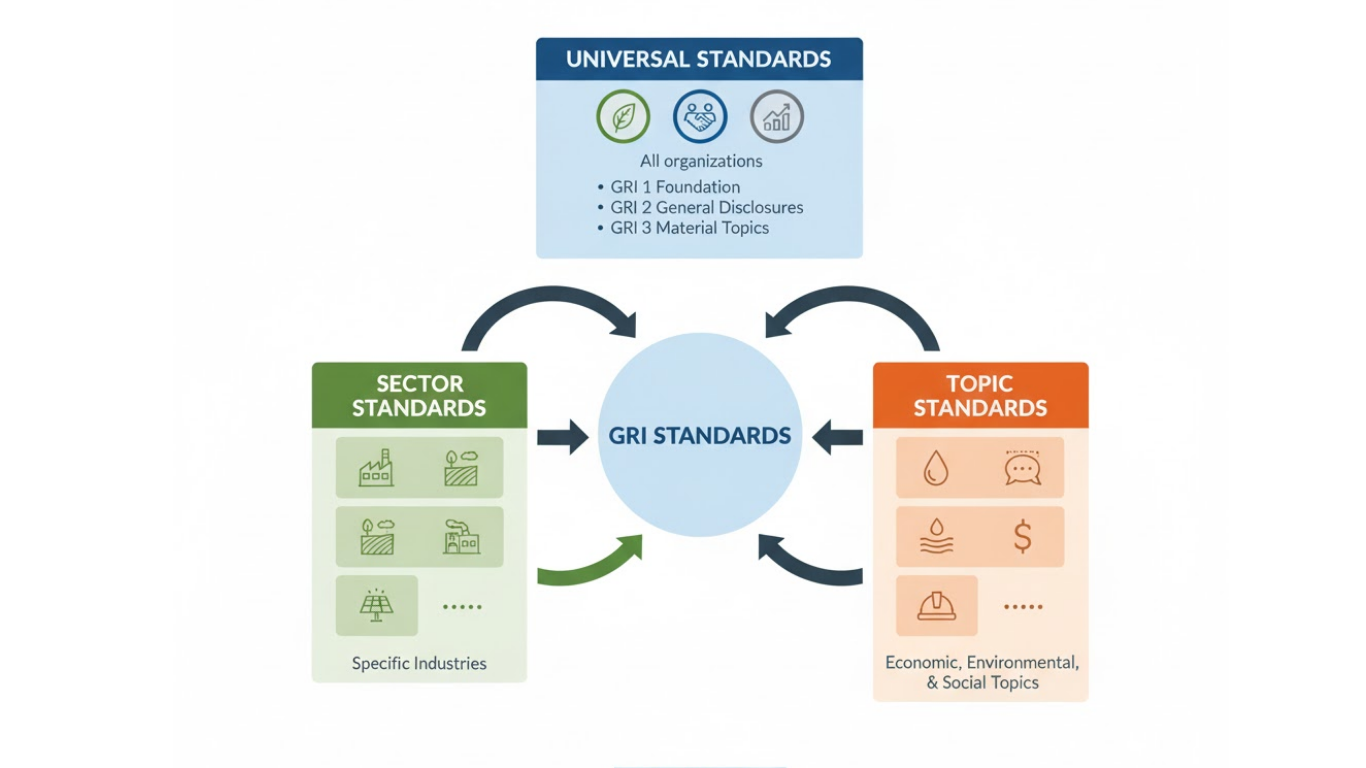 GRI Standards framework showing Universal, Sector and Topic Standards structure for sustainability reporting
