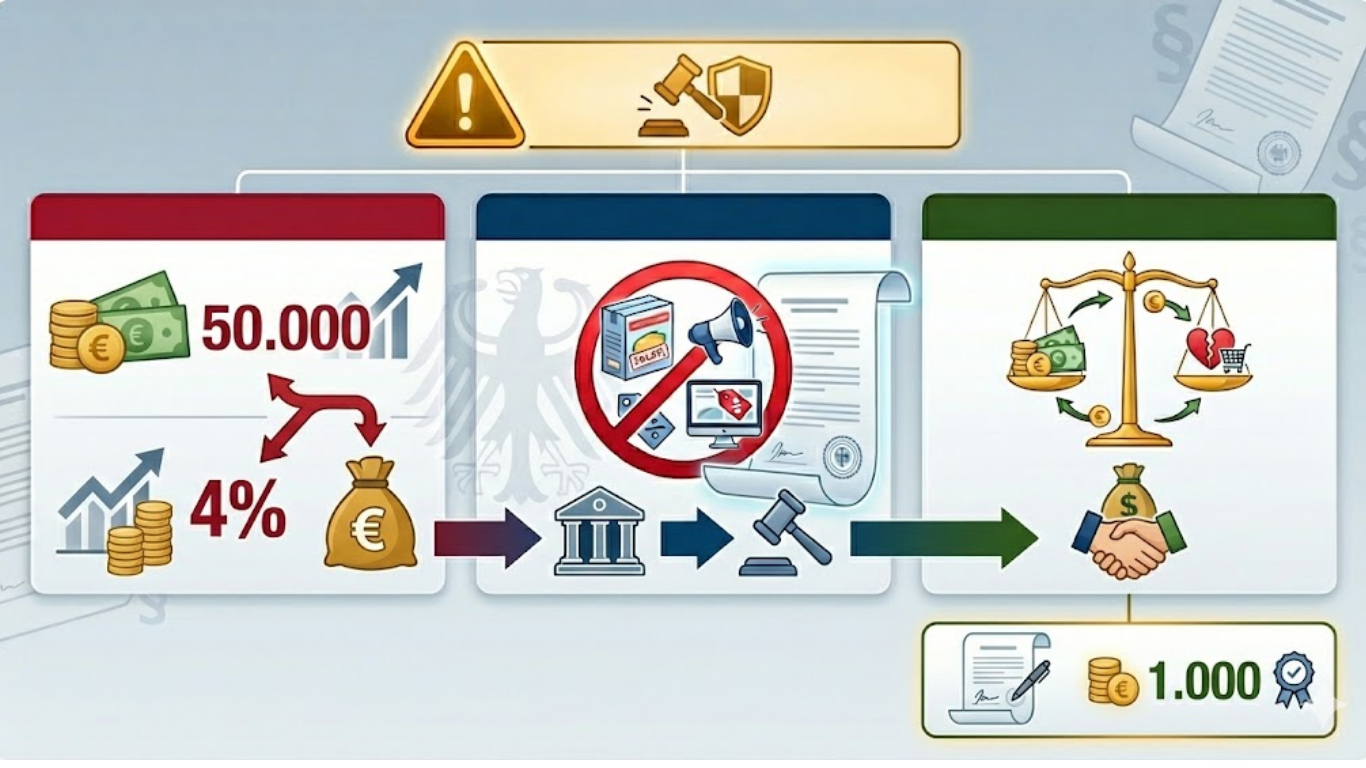 UWG penalty structure showing German unfair competition fines up to 50000 euros or 4 percent annual turnover injunctive relief and damages claims