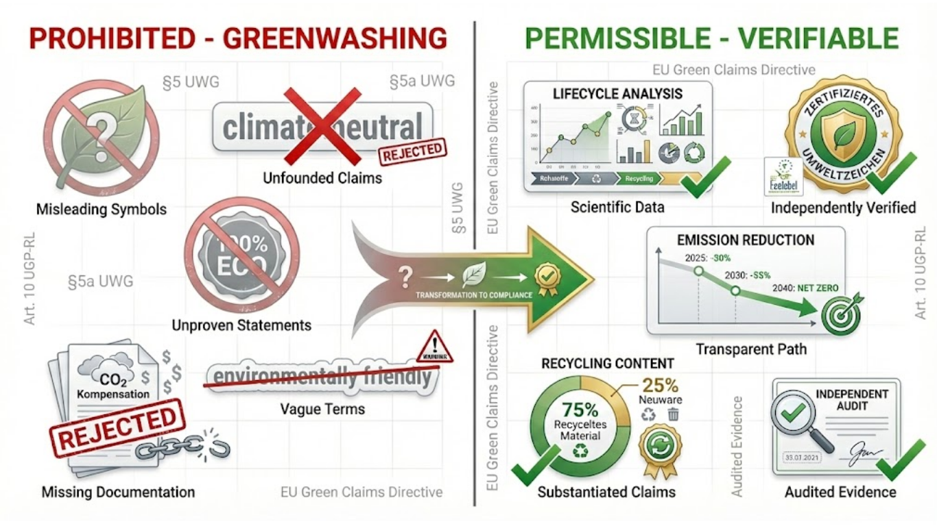 UWG greenwashing regulations comparison showing prohibited misleading environmental claims versus permitted verified green advertising under German law and EU Green Claims Directive