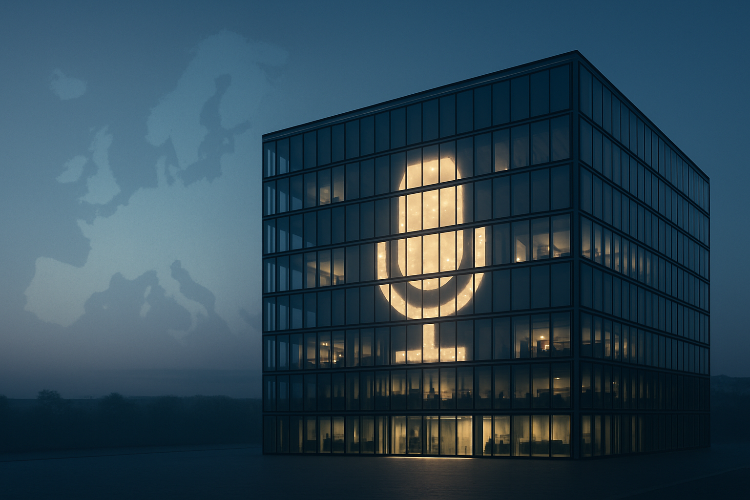 Greenhushing concept illustration showing European cityscape with one dim green building symbolizing hidden sustainability efforts.